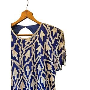 Vintage Swee Lo | Blue + White Sequin Silk Cocktail Dress | Size Small